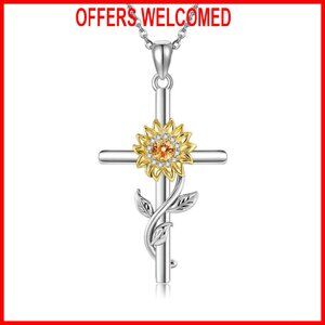 925 Sterling Silver Sunflower Cross Pendant Necklace 18+2 Inch Chain